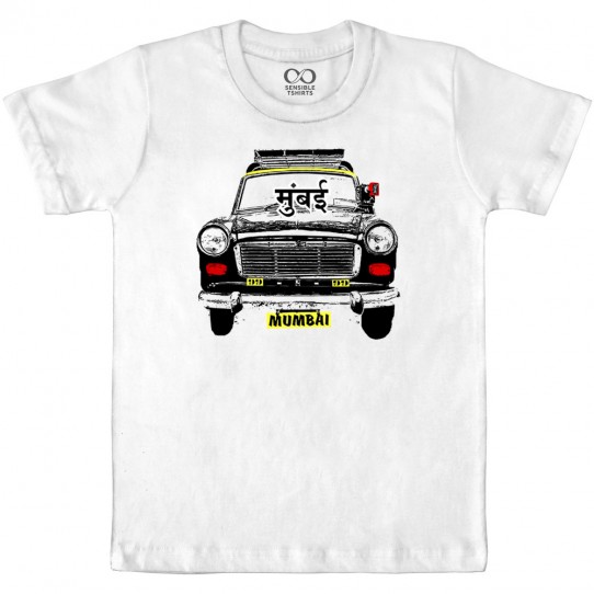 Mumbai Taxi White - Maai Mumbaai - Kids Boy/Girl Cotton White T-shirt