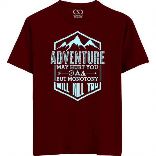Adventure Or Monotony? - Wanderlust - Unisex Men/Women Regular Fit Cotton Maroon/Navy Blue T-shirt