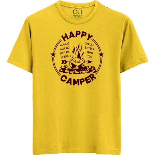 Happy Camper - Wanderlust - Unisex Men/Women Regular Fit Cotton Yellow/Grey Melange T-shirt